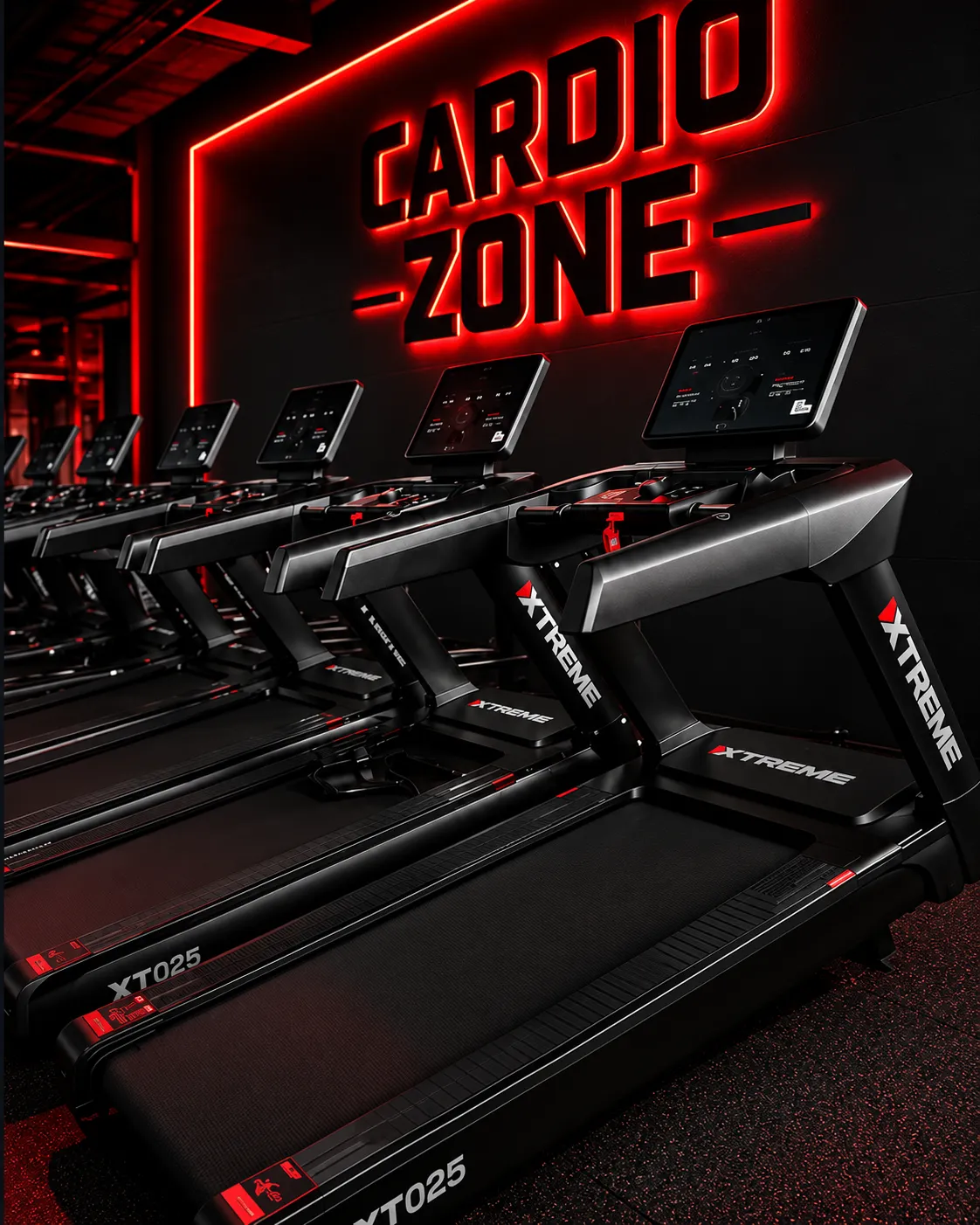 Linha de esteiras Xtreme lado a lado em uma área de cardio