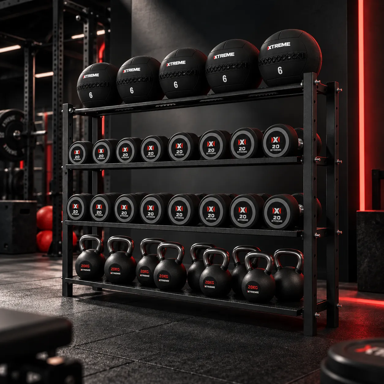 Rack com wall balls e kettlebells Xtreme sobre piso emborrachado